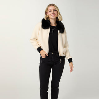 Hayworth Brushed Cardigan with Faux Fur Collar - Winter White/Black