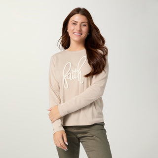 Faith Long Sleeve Crew Neck Top - Beige Heather/Cream