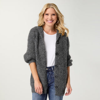 Winona Brushed Hooded Button Front Cardigan - Charcoal Heather