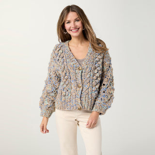 Victoria Chunky Button Front Cardigan with Sequins - Doeskin/Stellar Blue