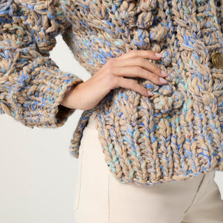 Victoria Chunky Button Front Cardigan with Sequins - Doeskin/Stellar Blue