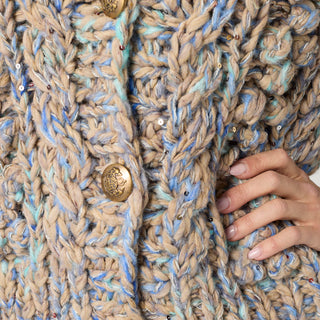 Victoria Chunky Button Front Cardigan with Sequins - Doeskin/Stellar Blue