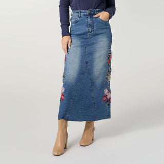 EverStretch Embroidered Maxi Skirt - Medium Denim