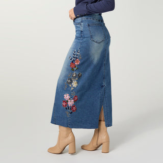 EverStretch Embroidered Maxi Skirt - Medium Denim
