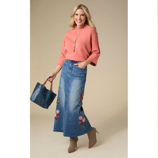 EverStretch Embroidered Maxi Skirt - Medium Denim