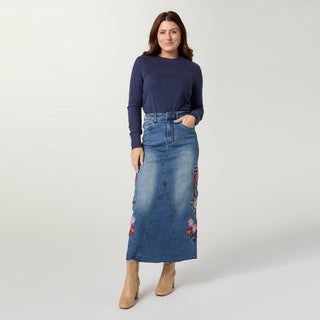 EverStretch Embroidered Maxi Skirt - Medium Denim