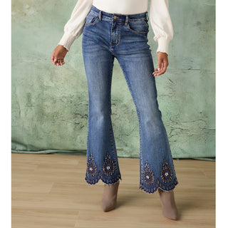 EverStretch Flare with Beaded Scallop Hem - Medium Denim