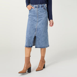 Bambu Soft Zip Front Mid-Length Skirt - Medium/Light Denim