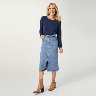 Bambu Soft Zip Front Mid-Length Skirt - Medium/Light Denim