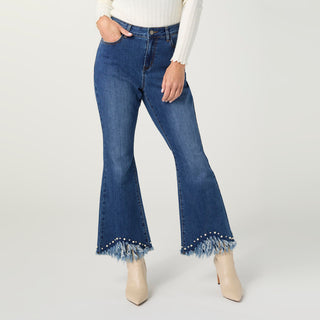 Bambu Soft Flare Ankle with Embellished Fringe - Medium Denim