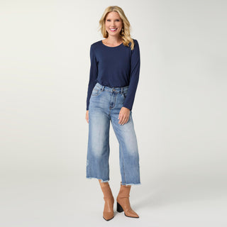Bambu Soft Wide Crop with Distressed Bottom - Medium Denim