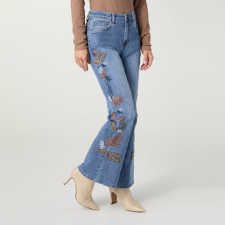 Bambu Soft Flare with Leaf Embroidery - Medium Denim