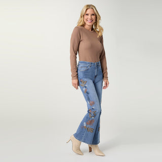 Bambu Soft Flare with Leaf Embroidery - Medium Denim