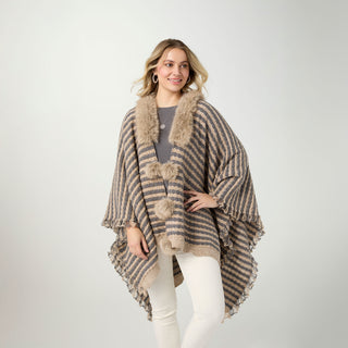Aliyah Striped Sweater Wrap with Faux Fur - Taupe/Grey
