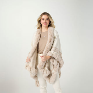Andy Fair Isle Knit Wrap with Faux Fur - Winter White/Taupe