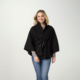 Juliet Faux Wool Wrap with Leather Tie - Black