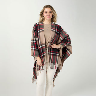 Emerson Plaid Fringe Wrap - Black/Taupe/Red
