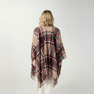 Emerson Plaid Fringe Wrap - Black/Taupe/Red