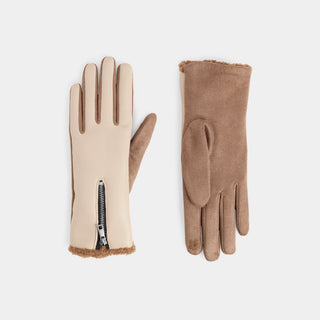 Vegan Leather Zip Touchscreen Gloves - Cream