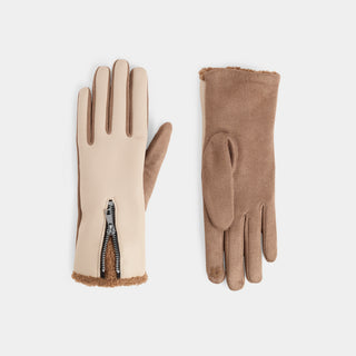 Vegan Leather Zip Touchscreen Gloves - Cream