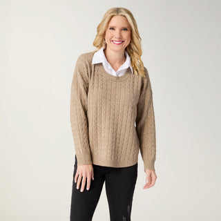Heavenly-Luxe Cable Knit Sweater with Woven Collar - Beige Heather
