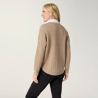 Heavenly-Luxe Cable Knit Sweater with Woven Collar - Beige Heather