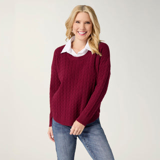 Heavenly-Luxe Cable Knit Sweater with Woven Collar - Burgundy