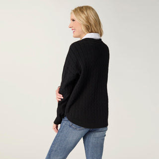 Heavenly-Luxe Cable Knit Sweater with Woven Collar - Black