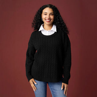 Heavenly-Luxe Cable Knit Sweater with Woven Collar - Black
