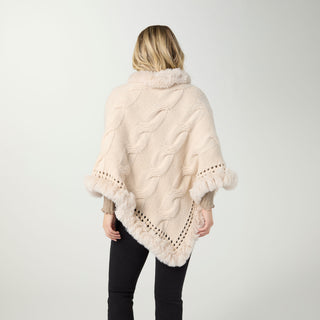 Amira Cable Knit Poncho with Faux Fur - Winter White