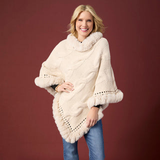 Amira Cable Knit Poncho with Faux Fur - Winter White