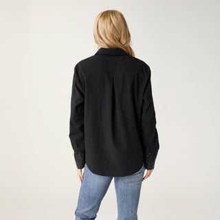 Raya Rhinestone Cuff Button Front Shirt - Black