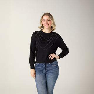 Lauren Lightweight Sweater with Rhinestone Front - Black
