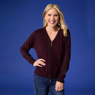 Lauren Lightweight Cardigan with Embellished Sleeve - Eggplant
