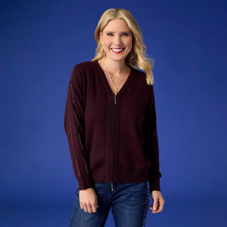 Lauren Lightweight Cardigan with Embellished Sleeve - Eggplant