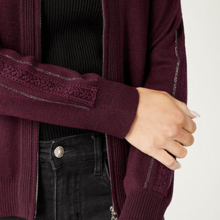 Lauren Lightweight Cardigan with Embellished Sleeve - Eggplant
