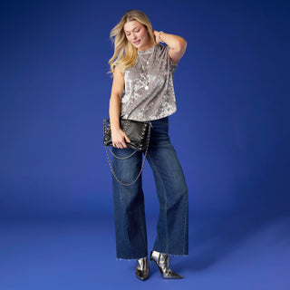 Lorelai Crushed Velour Cap Sleeve Top - Silver