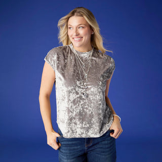 Lorelai Crushed Velour Cap Sleeve Top - Silver