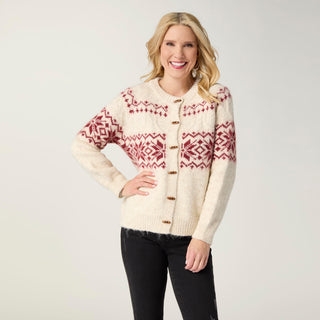 Maalin Fair Isle Cardigan with Toggle Buttons - Winter White/Red