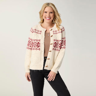 Maalin Fair Isle Cardigan with Toggle Buttons - Winter White/Red
