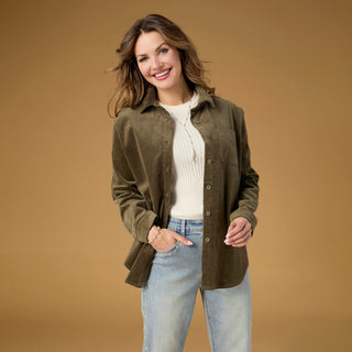 Aubree Corduroy Button Front Collared Shirt - Olive
