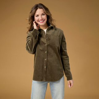 Aubree Corduroy Button Front Collared Shirt - Olive