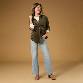 Aubree Corduroy Button Front Collared Shirt - Olive
