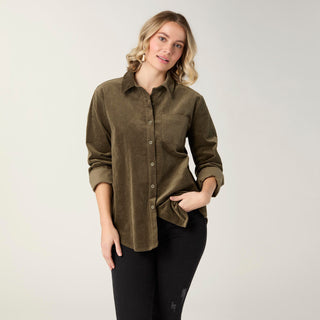 Aubree Corduroy Button Front Collared Shirt - Olive