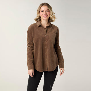 Aubree Corduroy Button Front Collared Shirt - Mocha