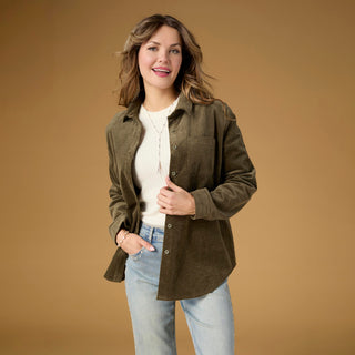Aubree Corduroy Button Front Collared Shirt - Mocha