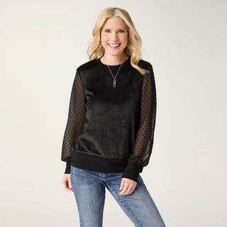 Kayla Velour Top with Swiss Dot Sleeves - Black