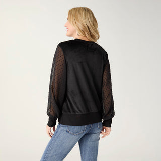 Kayla Velour Top with Swiss Dot Sleeves - Black