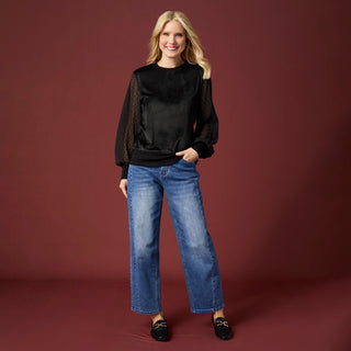 Kayla Velour Top with Swiss Dot Sleeves - Black