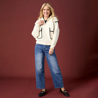 Malia Zip Front Hoodie with Piped Trim - Ivory